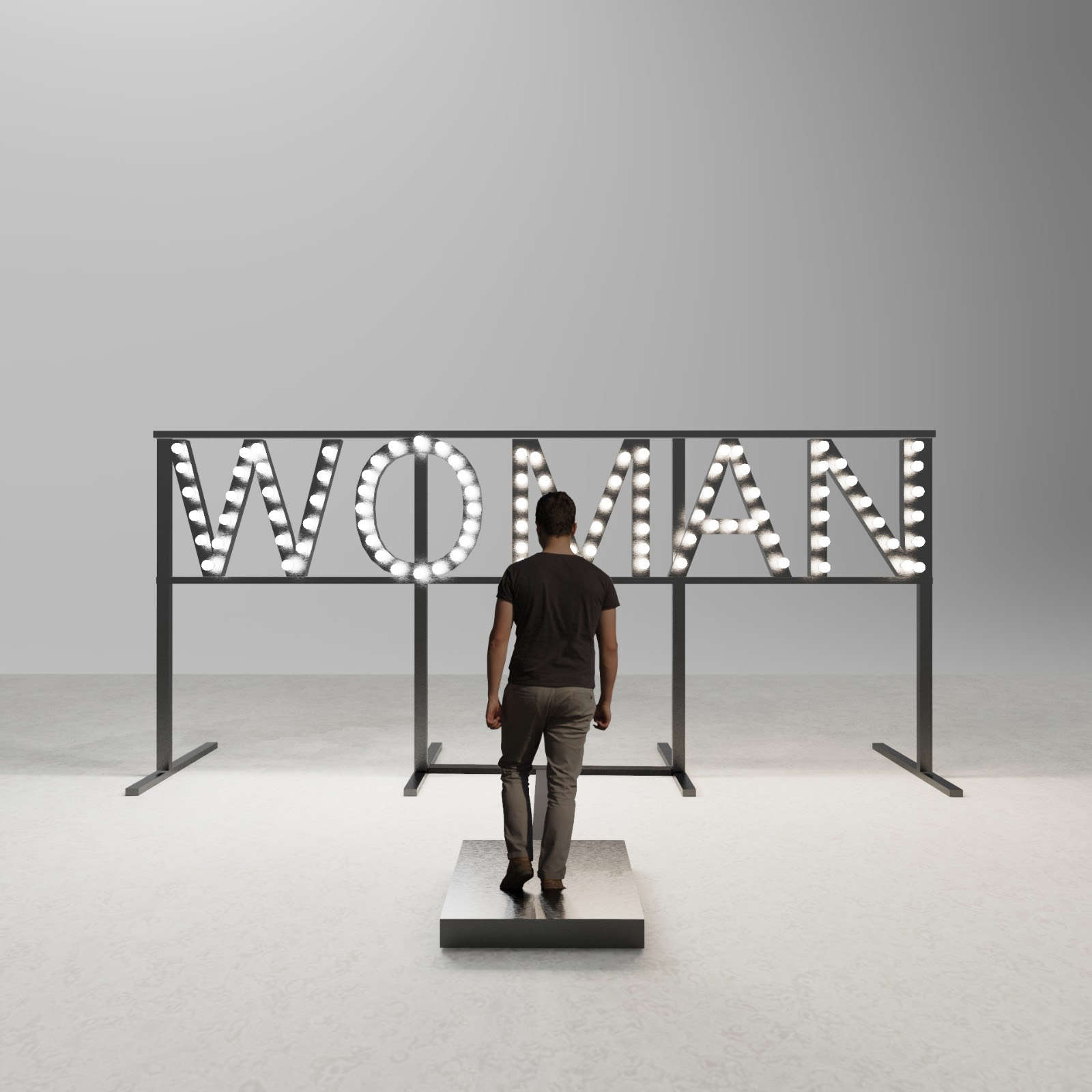 Martina Di Fenza, Wo-man, 2021, ferro, vetro, led, apparati elettronici, 300x180 cm, installation view 2