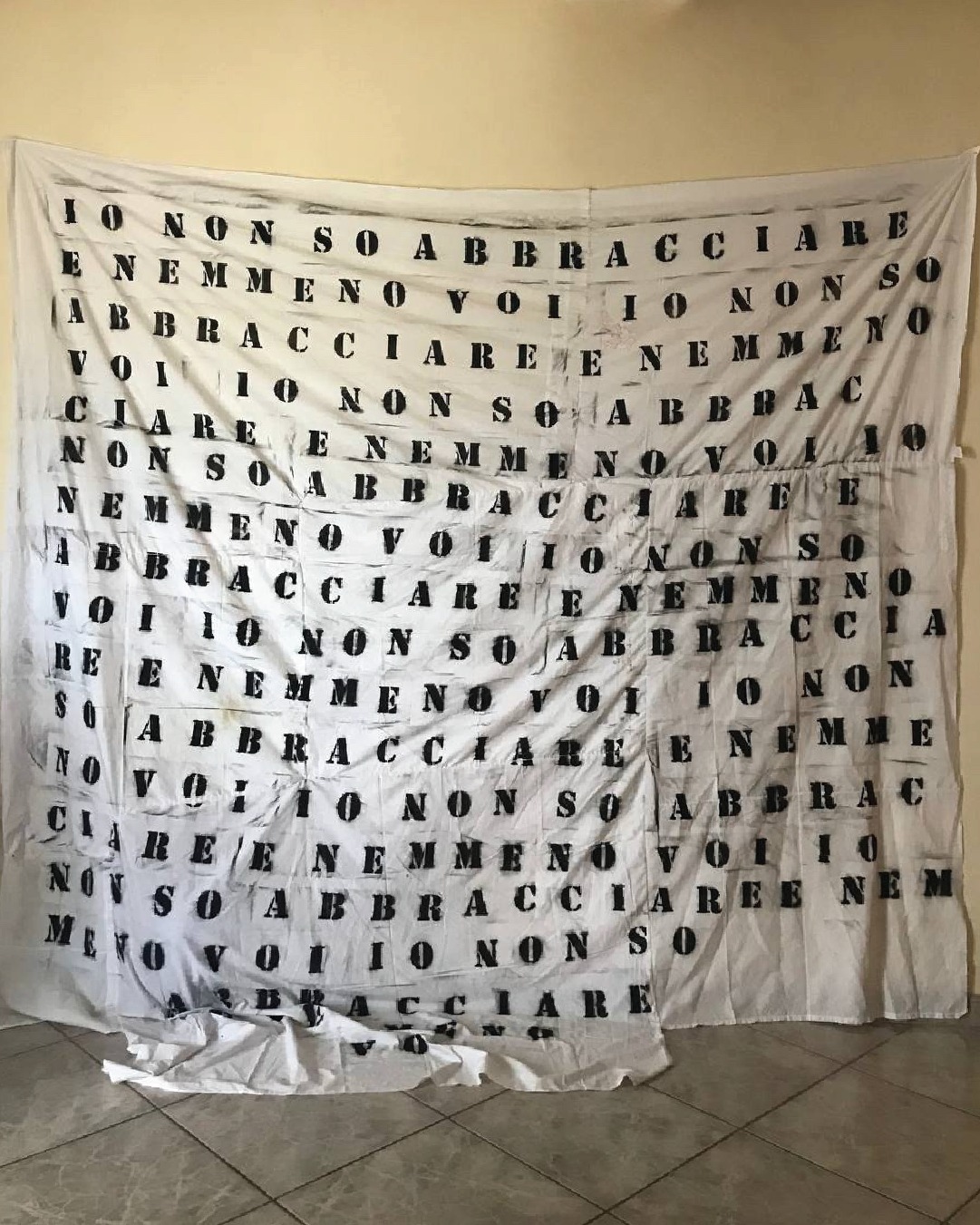 Eva Fruci, Io non so abbracciare e nemmeno voi, Acrilico su tessuto, 2,40 × 2,70 m